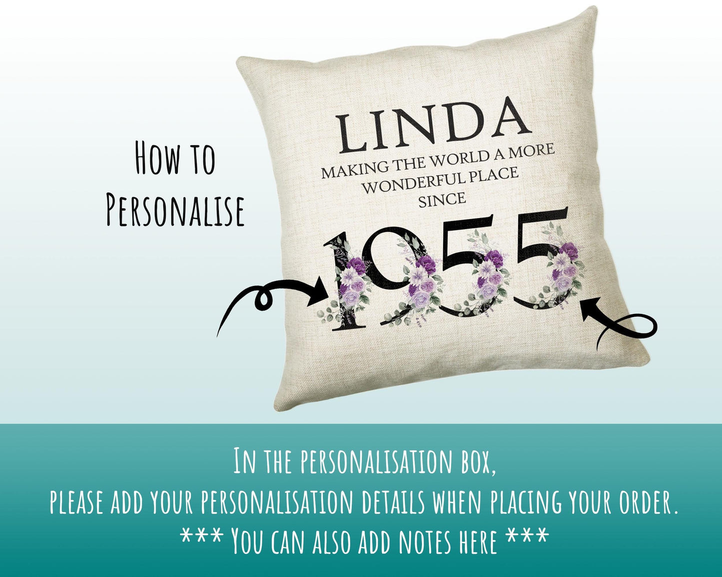 70th Birthday Gift for Women - Personalised 1955 Birthday Cushion Age 70 Gift for Her - Ladies Floral Design Mum Nan Gran Seventy BNQ70C