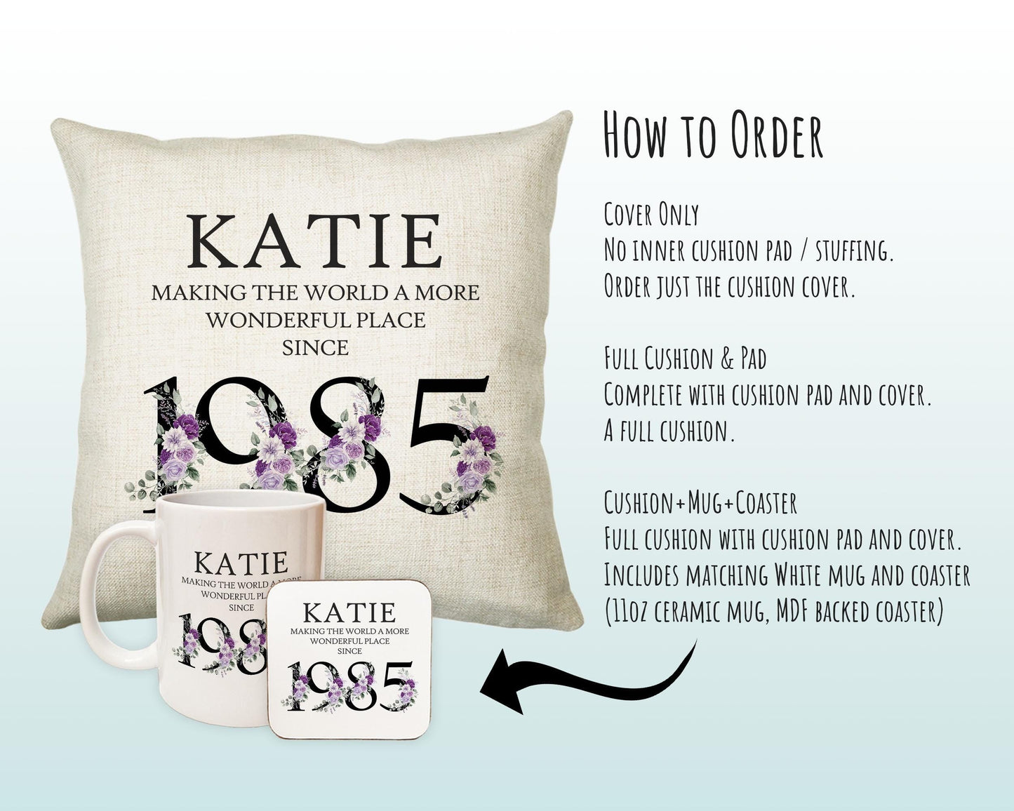 40th Birthday Gift for Women - Personalised 1985 Birthday Cushion Age 40 Gift for Her Ladies Floral Design Mum Daughter Sister Forty BNQ40C