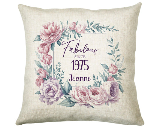 50th Birthday Gift for Women - Personalised 1975 Birthday Cushion Age 50 Gift for Her - Ladies Floral Design Mum Nan Sister Fifty BNR50C