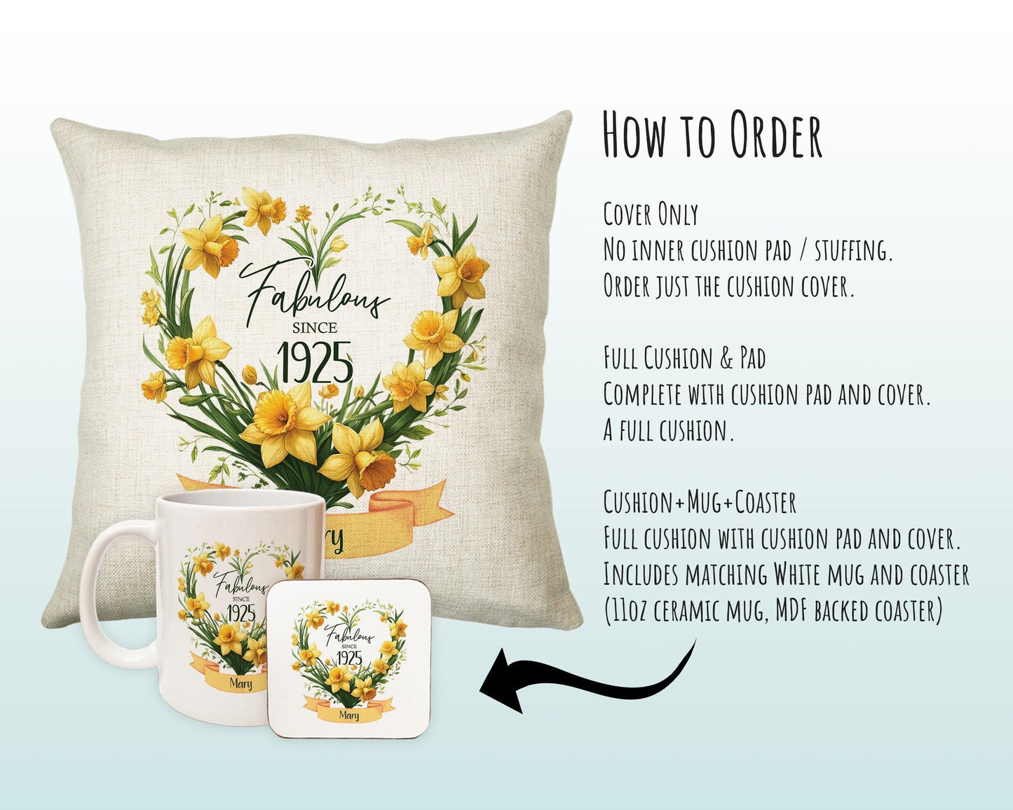 100th Birthday Gift for Women - Personalised 1925 Birthday Cushion Age 100 Gift for Her Floral Daffodil Design Mum Nan Gran Hundred BNS100C