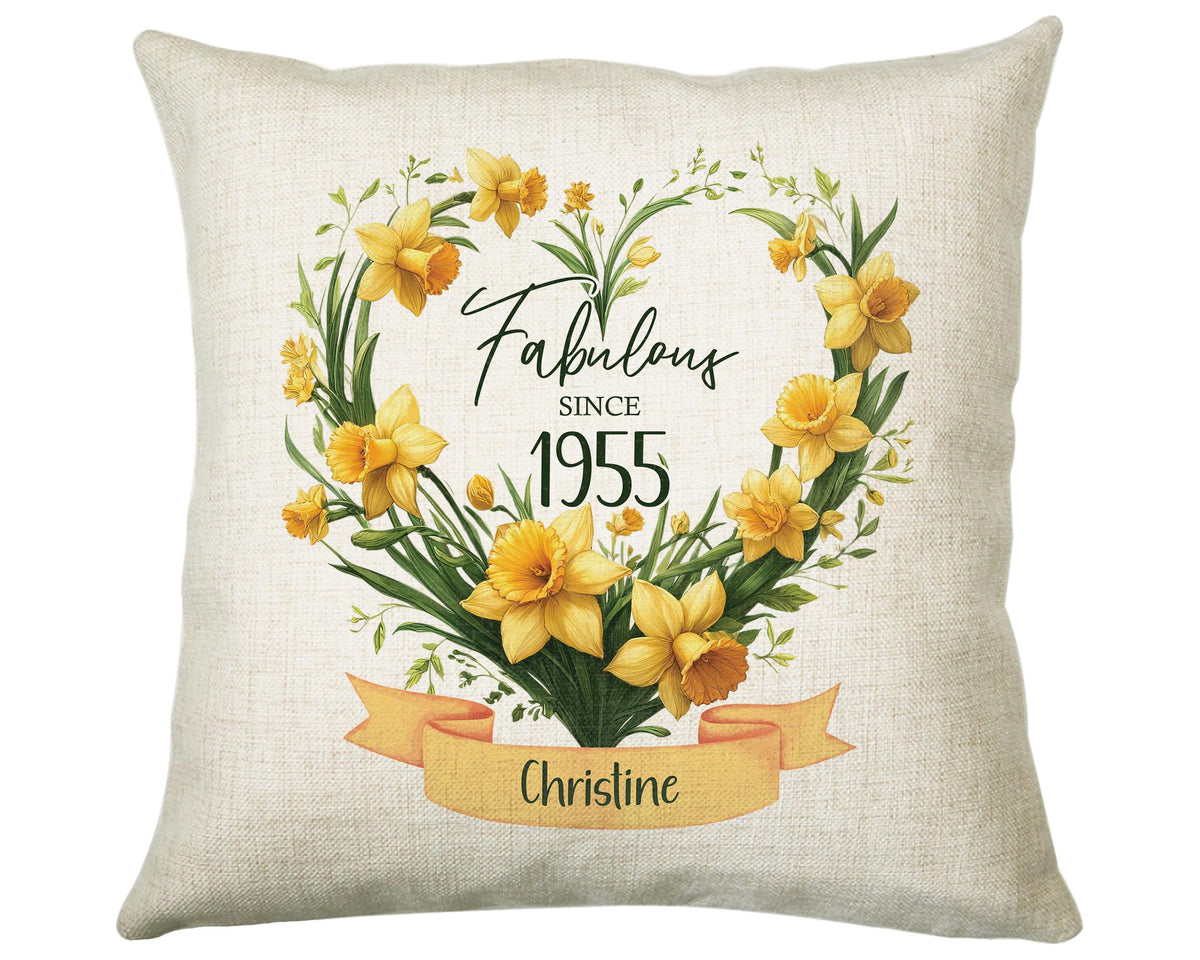 70th Birthday Gift for Women - Personalised 1955 Birthday Cushion Age 70 Gift for Her Floral Daffodil Design Mum Nan Gran Seventy BNS70C