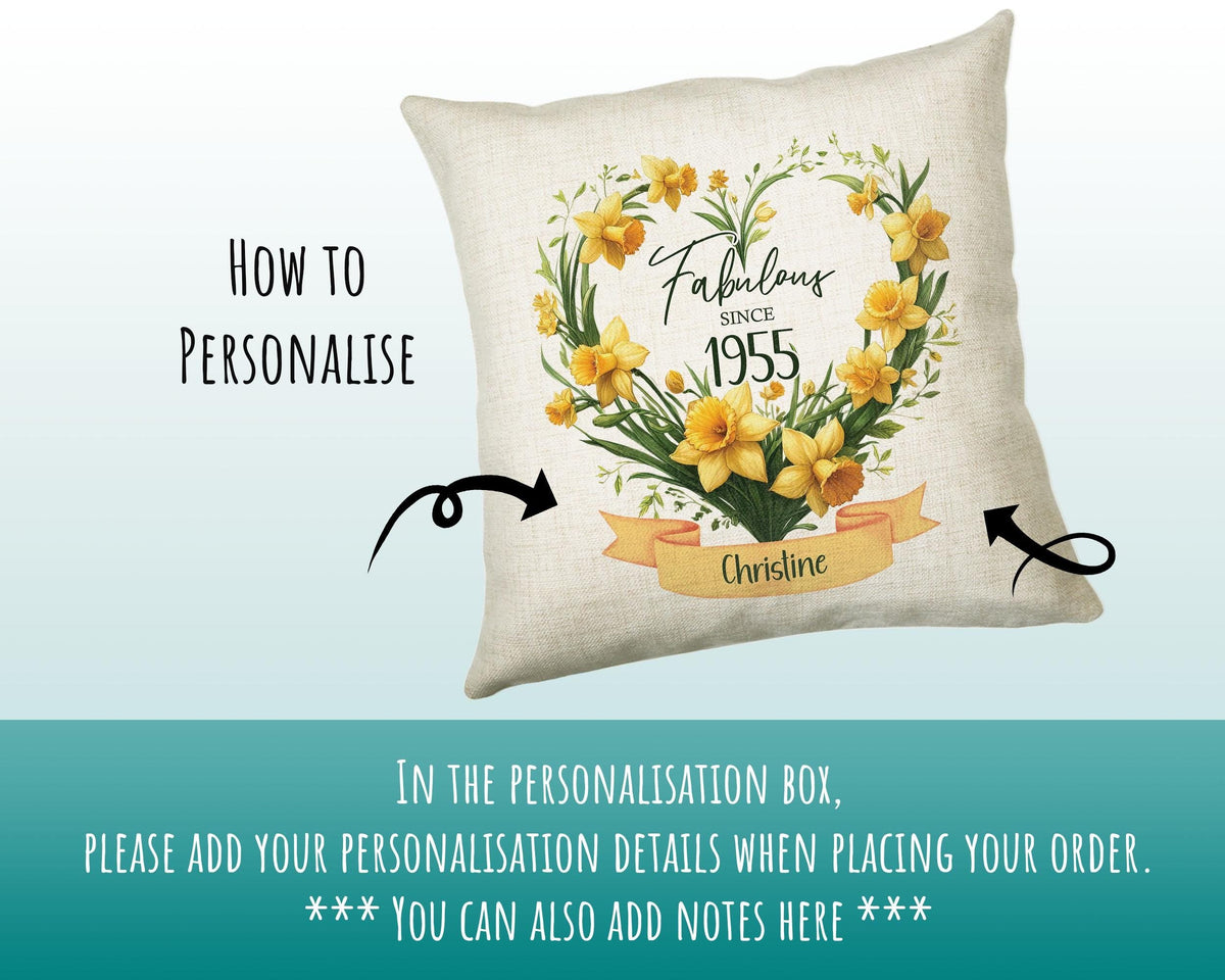 70th Birthday Gift for Women - Personalised 1955 Birthday Cushion Age 70 Gift for Her Floral Daffodil Design Mum Nan Gran Seventy BNS70C