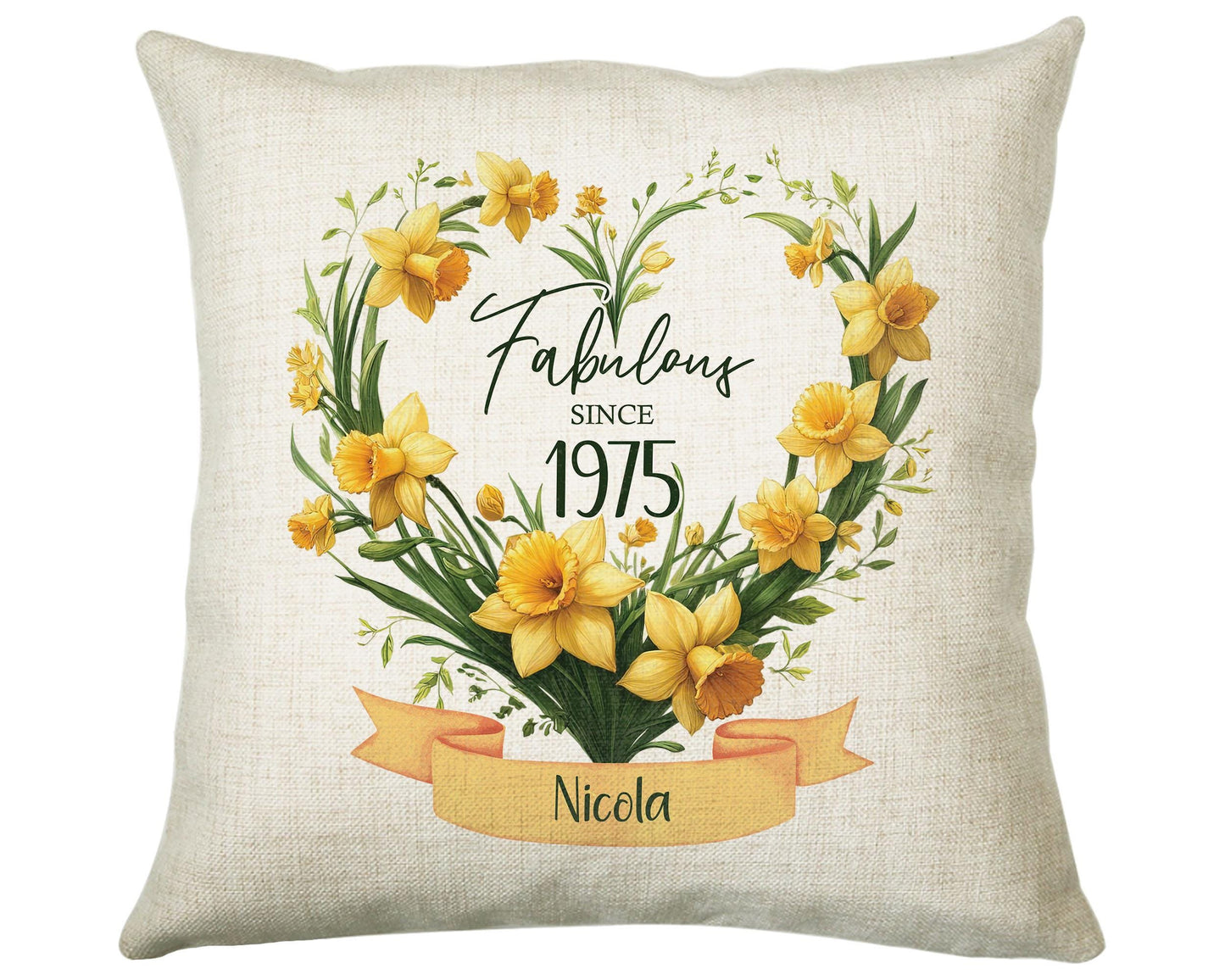 50th Birthday Gift for Women - Personalised 1975 Birthday Cushion Age 50 Gift for Her Floral Daffodil Design Mum Nan Sister Fifty BNS50C