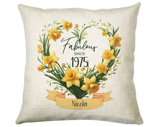 50th Birthday Gift for Women - Personalised 1975 Birthday Cushion Age 50 Gift for Her Floral Daffodil Design Mum Nan Sister Fifty BNS50C