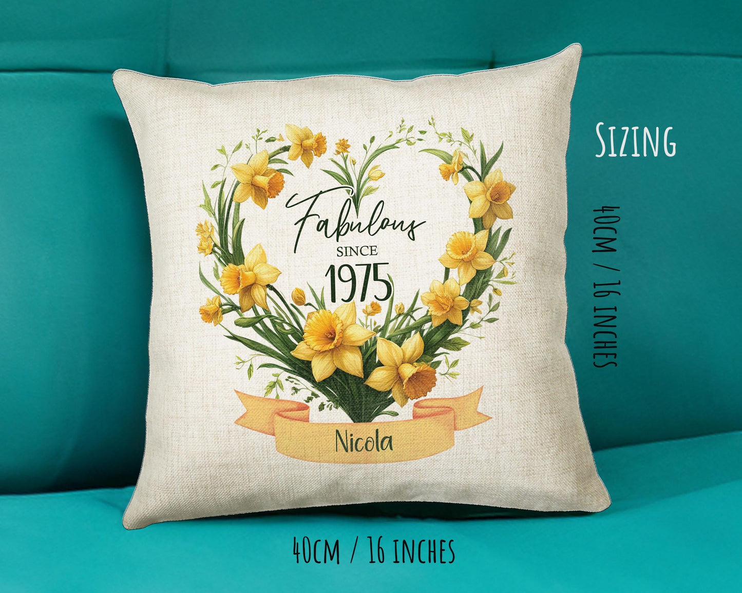 50th Birthday Gift for Women - Personalised 1975 Birthday Cushion Age 50 Gift for Her Floral Daffodil Design Mum Nan Sister Fifty BNS50C