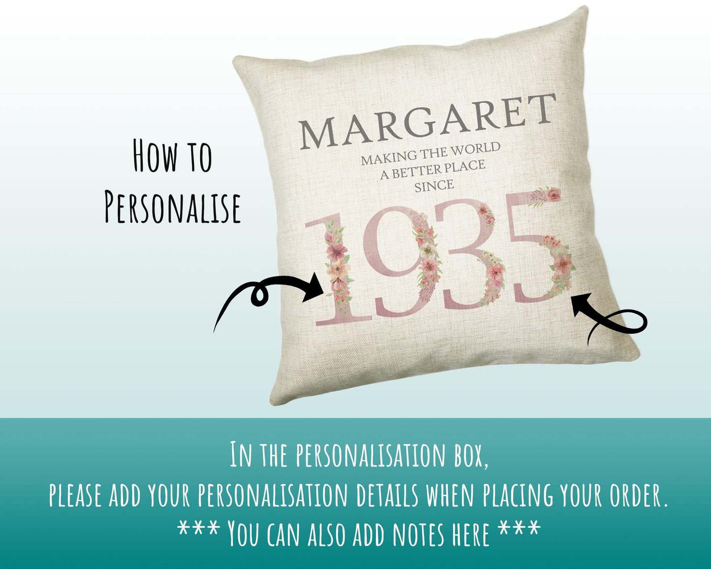 90th Birthday Gift for Women - Personalised 1935 Birthday Cushion Age 90 Gift for Her - Ladies Floral Age Design Mum Nan Gran Ninety BNM90C