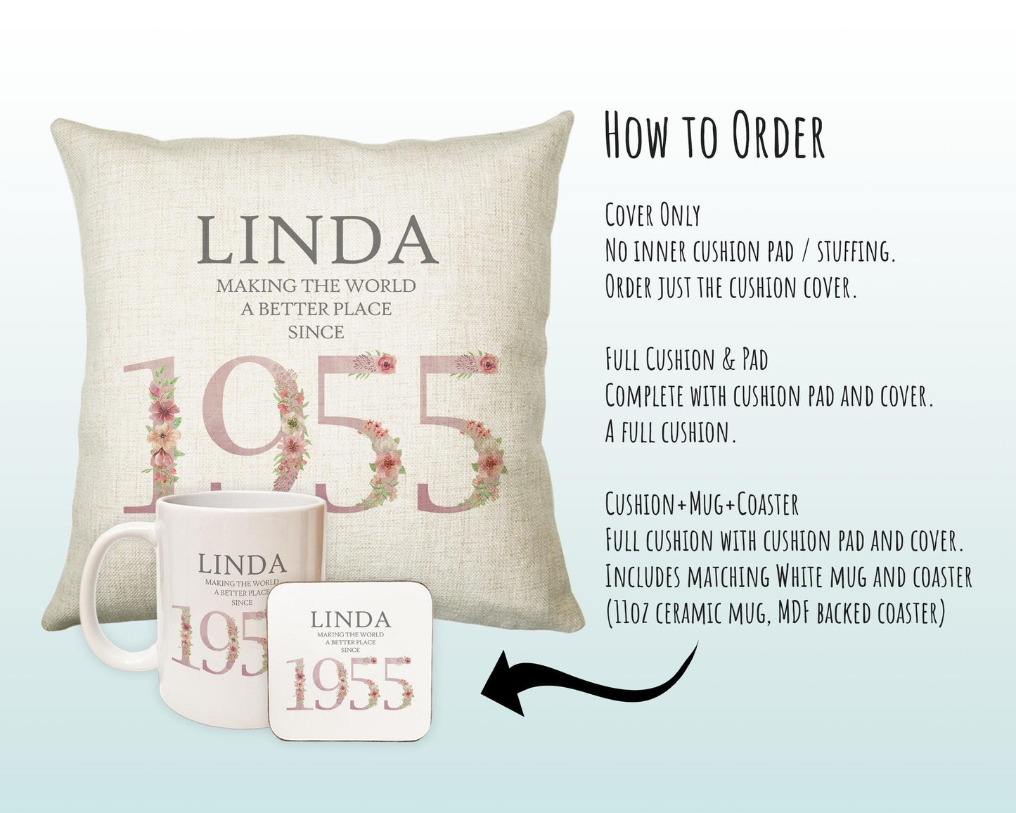 70th Birthday Gift for Women - Personalised 1955 Birthday Cushion Age 70 Gift for Her - Ladies Floral Design Mum Nan Gran Seventy BNM70C