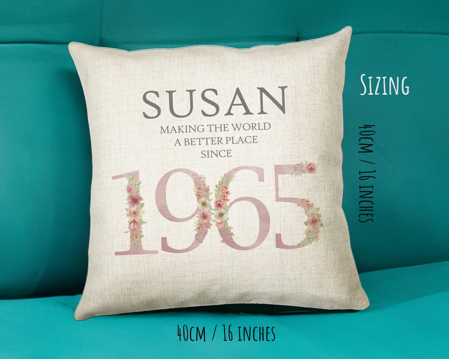 60th Birthday Gift for Women - Personalised 1965 Birthday Cushion Age 60 Gift for Her - Ladies Floral Age Design Mum Nan Gran Sixty BNM60C