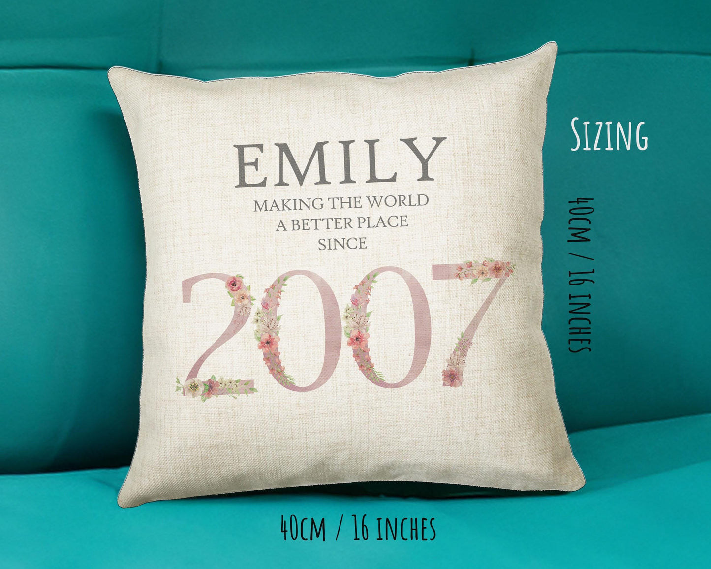 18th Birthday Gift for Women - Personalised 2007 Birthday Cushion Age 18 Gift for Her Ladies Floral Design Daughter Sister Eighteen BNM18C