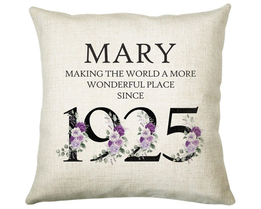 100th Birthday Gift for Women - Personalised 1925 Birthday Cushion Age 100 Gift for Her - Ladies Floral Design Mum Nan Gran Hundred BNQ100C