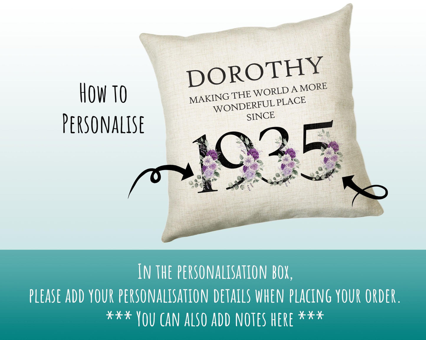 90th Birthday Gift for Women - Personalised 1935 Birthday Cushion Age 90 Gift for Her - Ladies Floral Age Design Mum Nan Gran Ninety BNQ90C