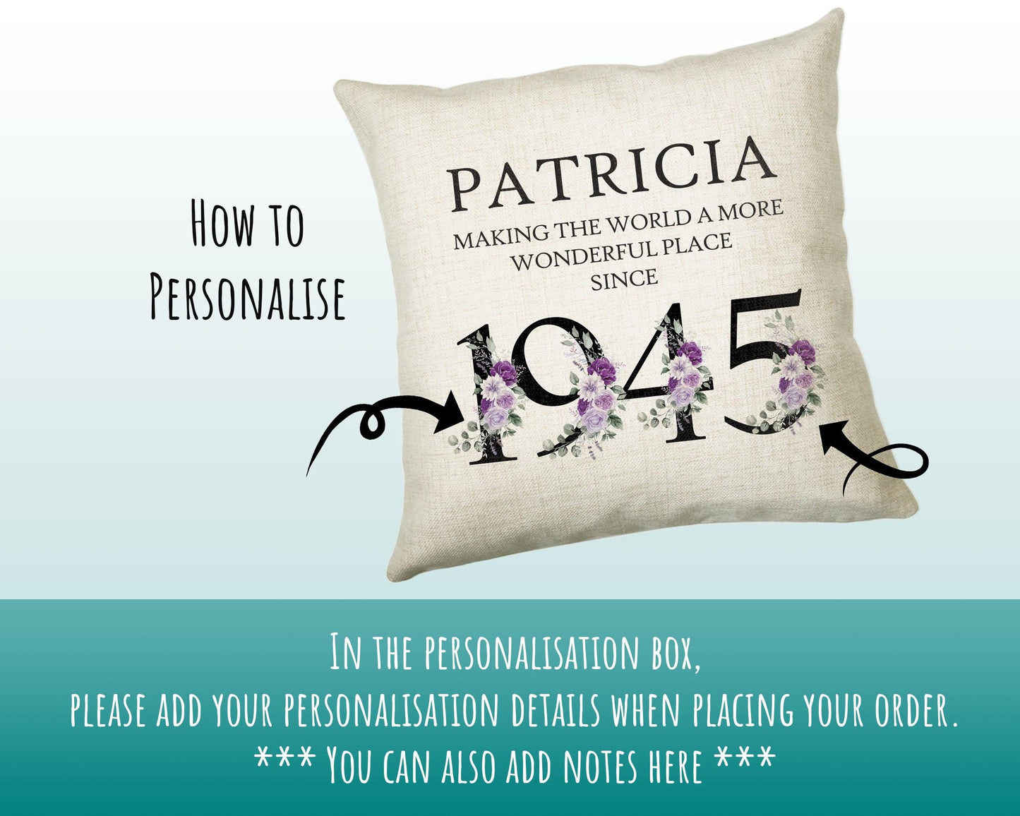 80th Birthday Gift for Women - Personalised 1945 Birthday Cushion Age 80 Gift for Her - Ladies Floral Age Design Mum Nan Gran Eighty BNQ80C