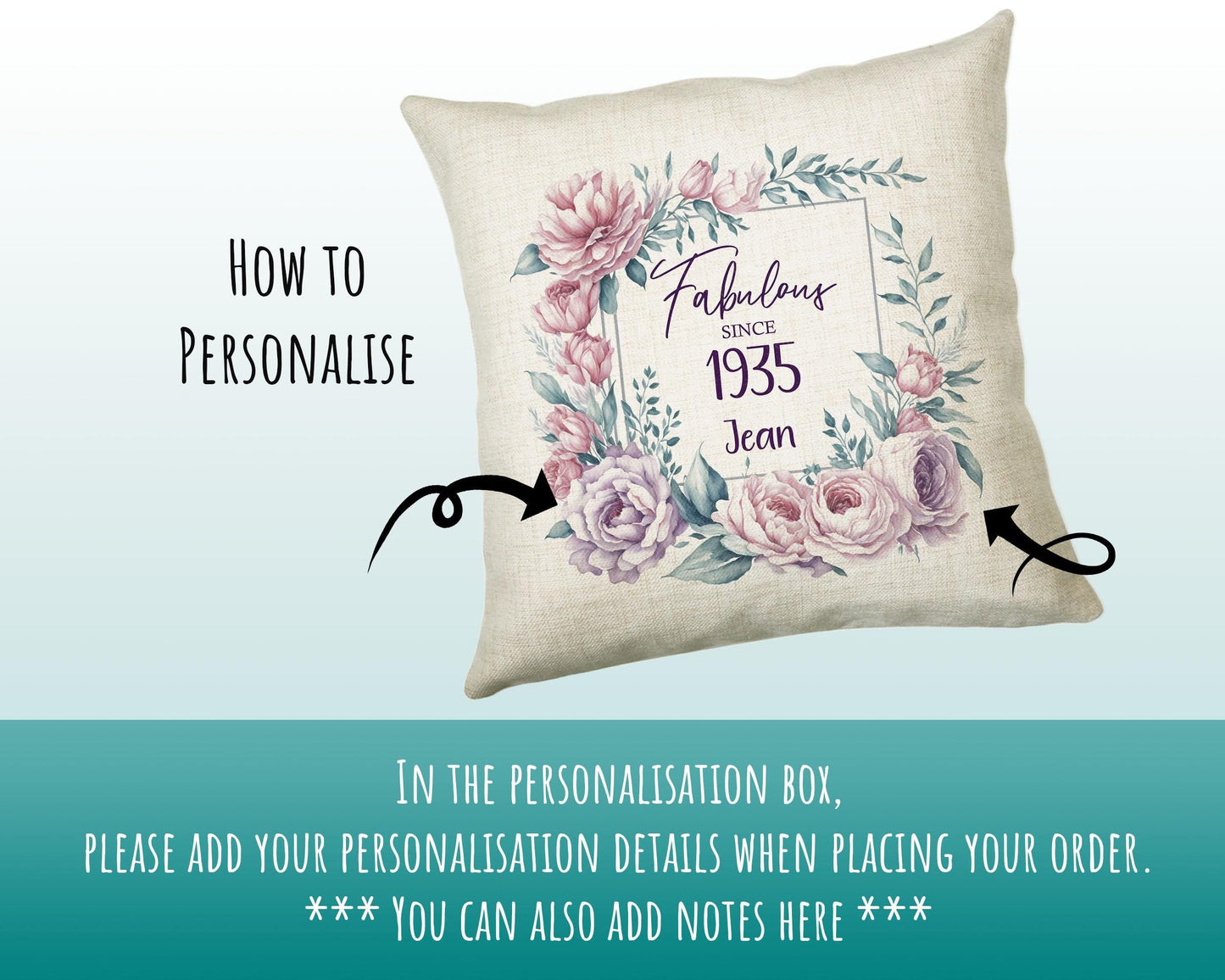 90th Birthday Gift for Women - Personalised 1935 Birthday Cushion Age 90 Gift for Her - Ladies Floral Age Design Mum Nan Gran Ninety BNR90C