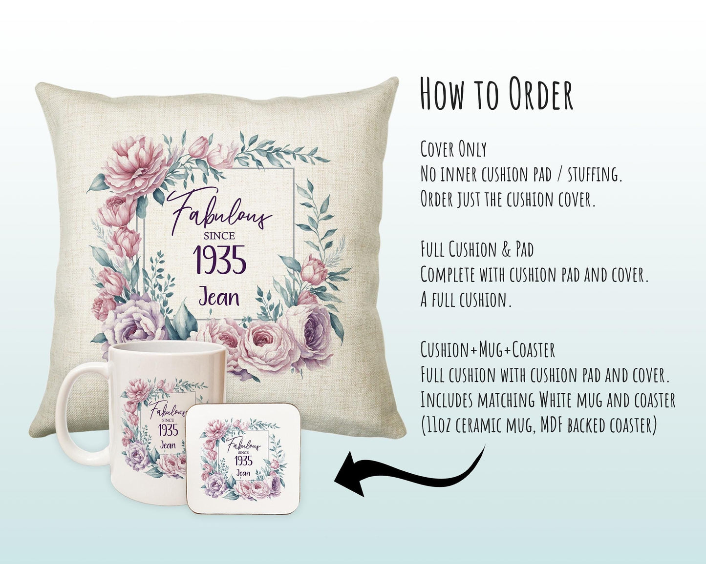 90th Birthday Gift for Women - Personalised 1935 Birthday Cushion Age 90 Gift for Her - Ladies Floral Age Design Mum Nan Gran Ninety BNR90C