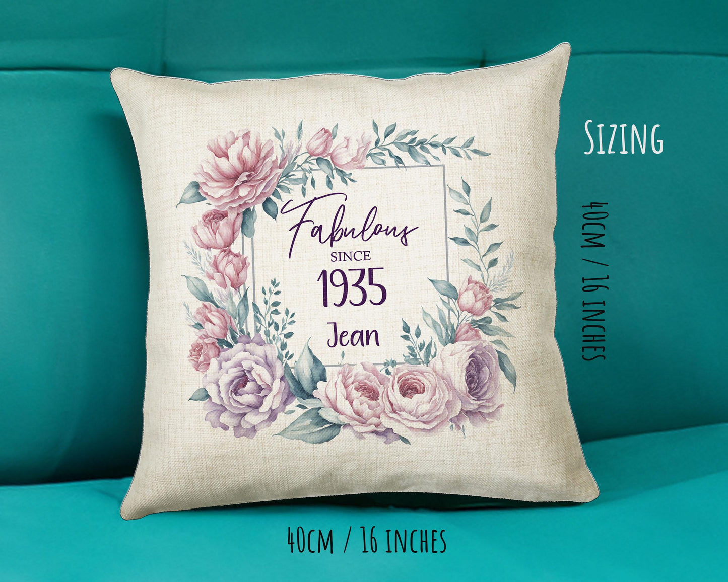90th Birthday Gift for Women - Personalised 1935 Birthday Cushion Age 90 Gift for Her - Ladies Floral Age Design Mum Nan Gran Ninety BNR90C