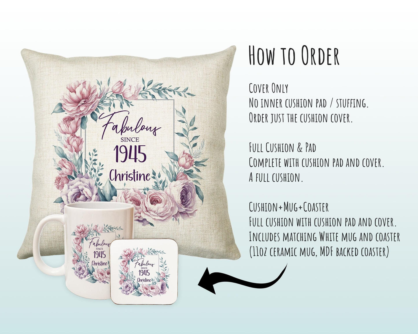 80th Birthday Gift for Women - Personalised 1945 Birthday Cushion Age 80 Gift for Her - Ladies Floral Age Design Mum Nan Gran Eighty BNR80C