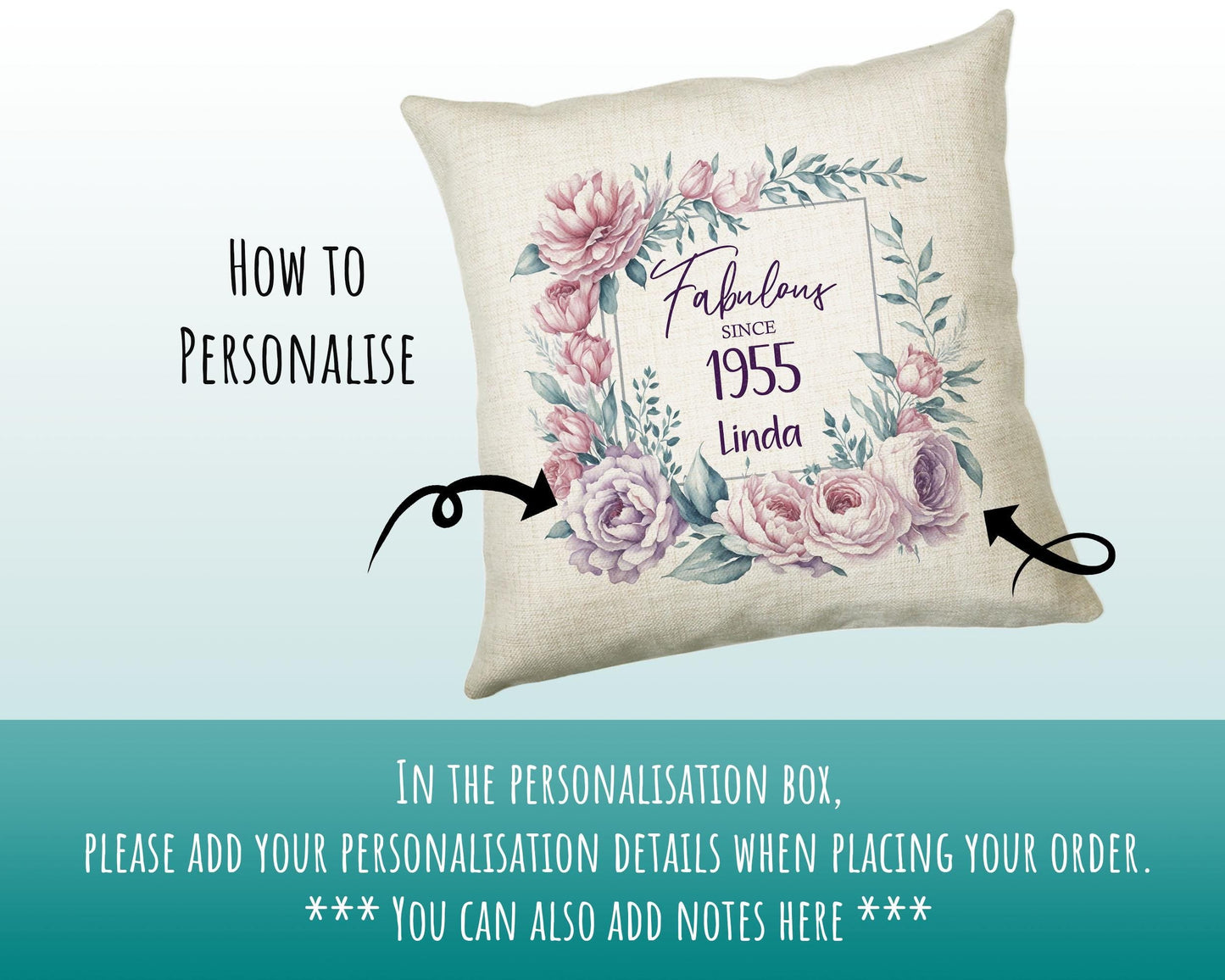 70th Birthday Gift for Women - Personalised 1955 Birthday Cushion Age 70 Gift for Her - Ladies Floral Design Mum Nan Gran Seventy BNR70C