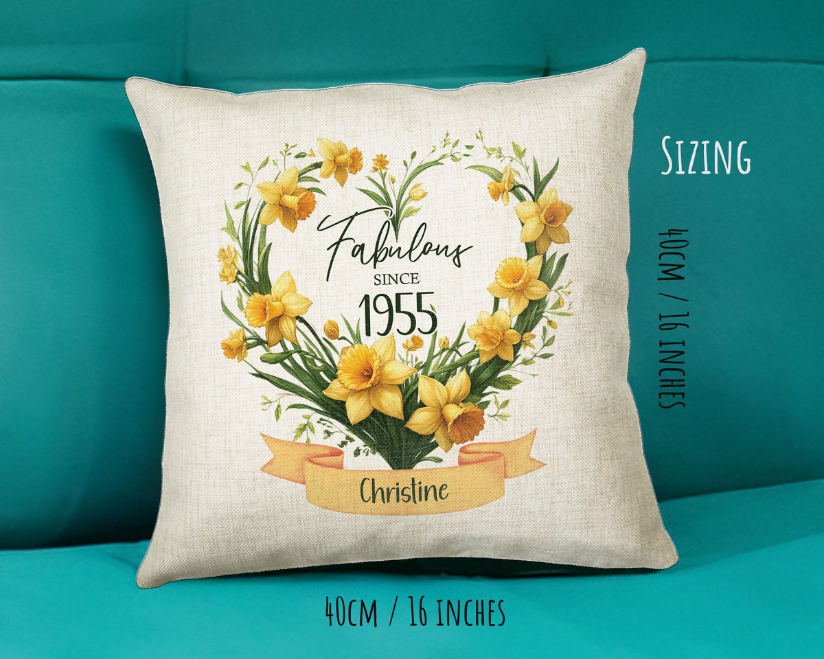 70th Birthday Gift for Women - Personalised 1955 Birthday Cushion Age 70 Gift for Her Floral Daffodil Design Mum Nan Gran Seventy BNS70C