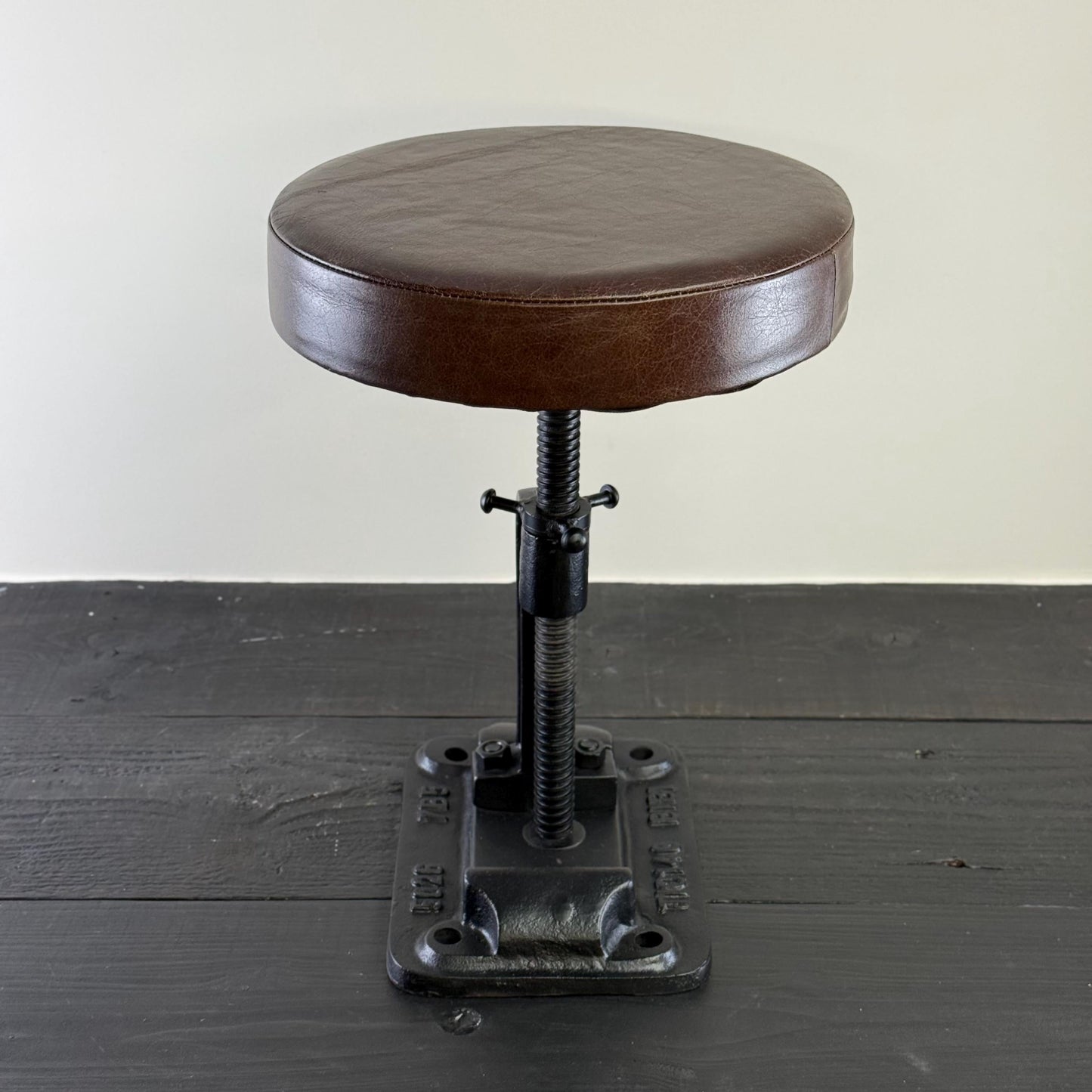 Vice Clamp Adjustable Stool | Cast Iron Industrial Seat | Leather Top