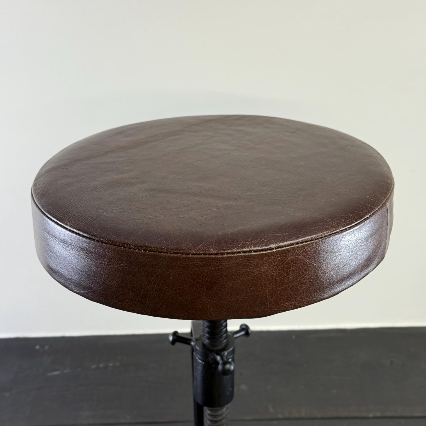 Vice Clamp Adjustable Stool | Cast Iron Industrial Seat | Leather Top