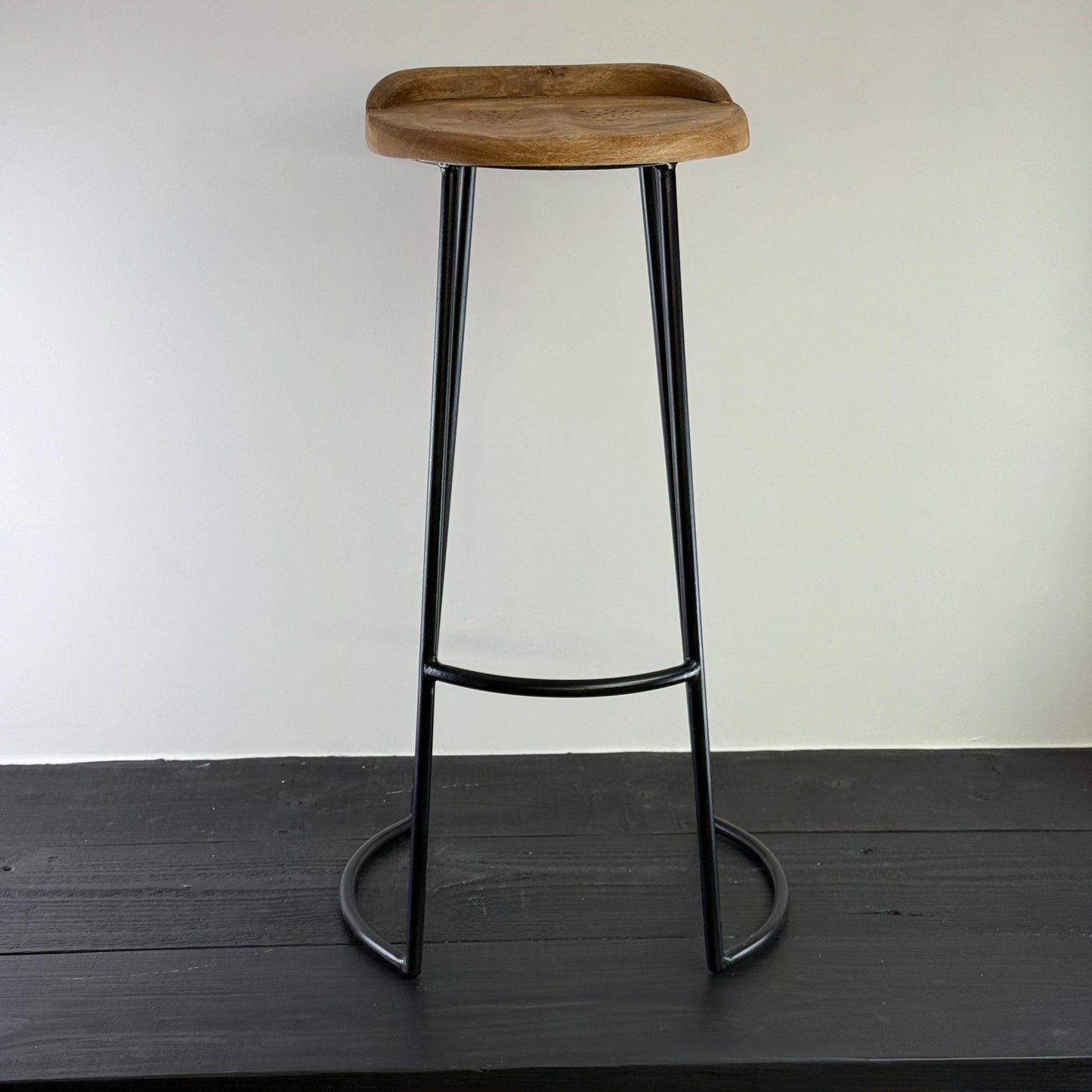 Solid Mango Wooden Top Bar Stool Hand Crafted - Kitchen Black Iron