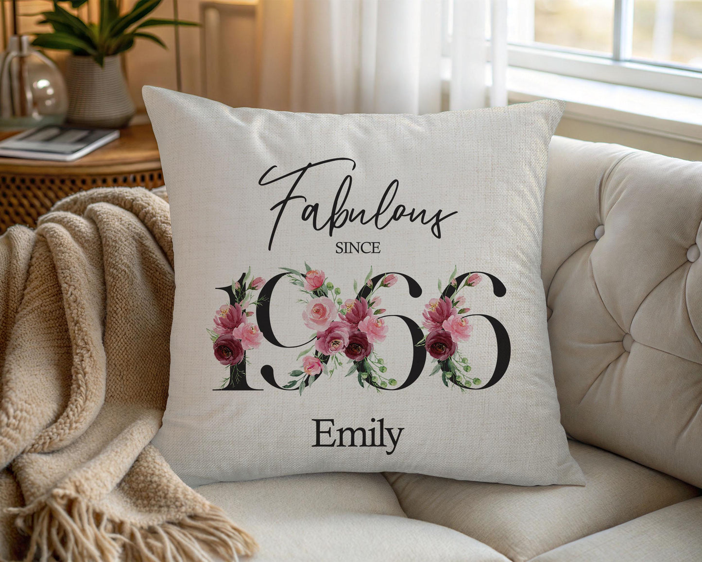 60th Birthday Gift for Women - Personalised 1966 Birthday Cushion Age 60 Gift for Her - Ladies Floral Age Design Mum Nan Gran Sixty BNC60C