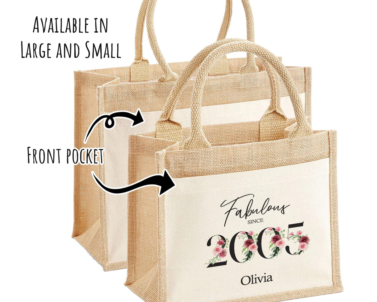 21st Birthday Gift For Women Personalised Jute Bag - Gift For Her Floral Tote Bag - Twenty One 21 Fabulous Since 2005 Shopping Bag BNC21T