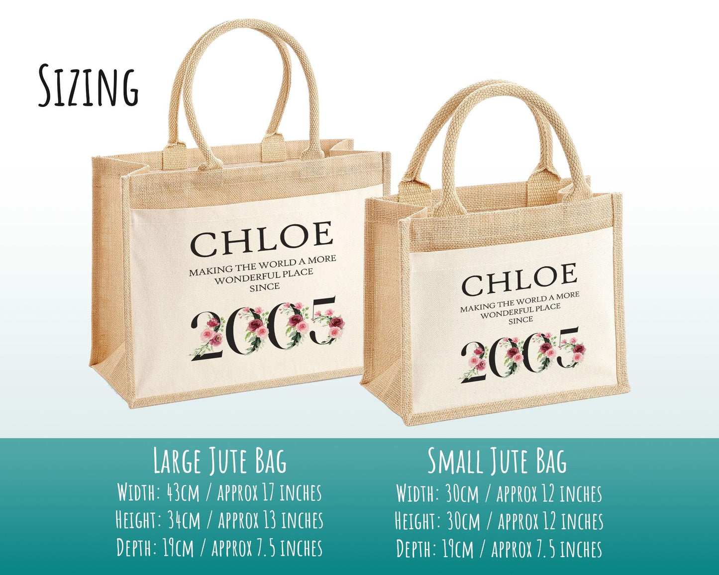 21st Birthday Gift For Women Personalised Jute Bag - Gift For Her Floral Tote Bag - Twenty One 21 Wonderful Since 2005 Shopping Bag BND21T