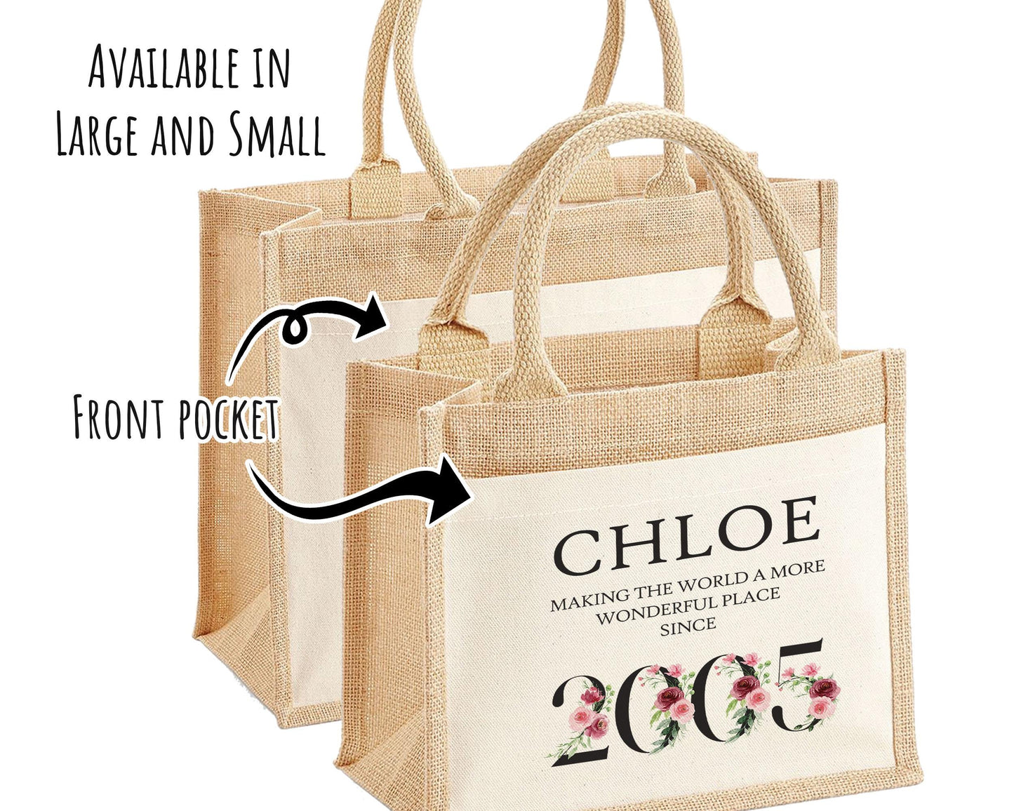 21st Birthday Gift For Women Personalised Jute Bag - Gift For Her Floral Tote Bag - Twenty One 21 Wonderful Since 2005 Shopping Bag BND21T