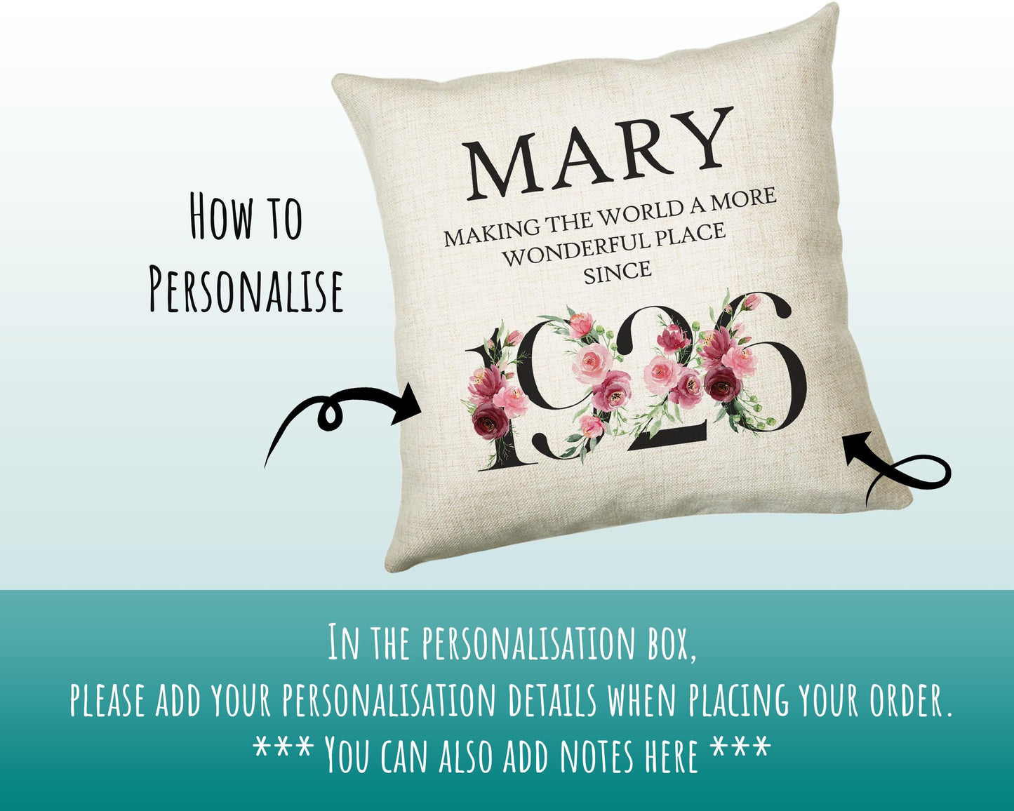 100th Birthday Gift for Women - Personalised 1926 Birthday Cushion Age 100 Gift for Her - Ladies Floral Design Mum Nan Gran Hundred BND100C
