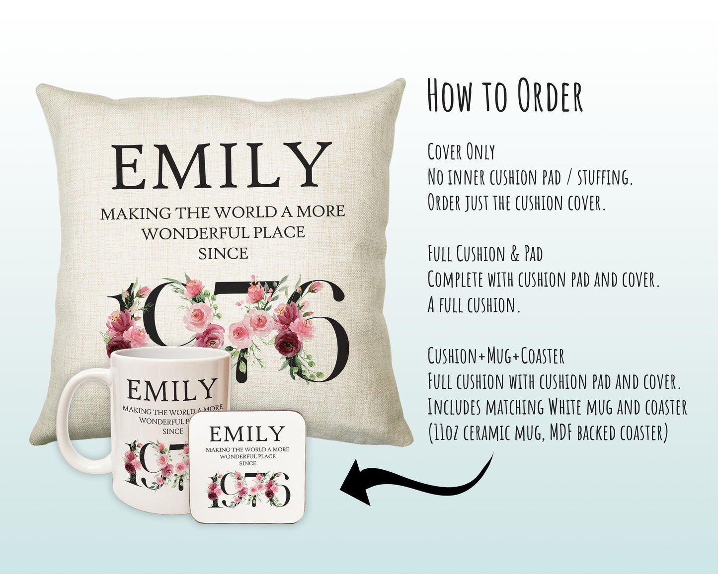 50th Birthday Gift for Women - Personalised 1976 Birthday Cushion Age 50 Gift for Her - Ladies Floral Design Mum Nan Sister Fifty BND50C