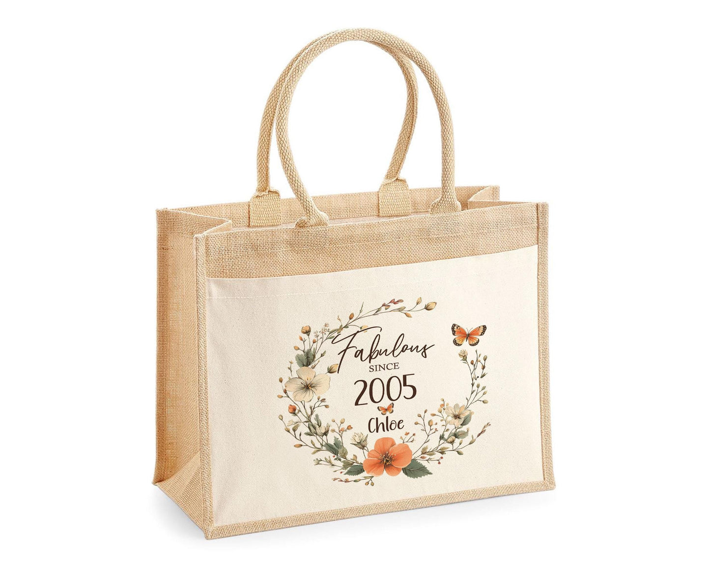 21st Birthday Gift For Women Personalised Jute Bag - Gift For Her Floral Tote Bag - Twenty One 21 Fabulous Since 2005 Shopping Bag BNL21T