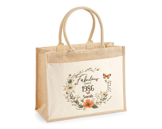40th Birthday Gift For Women Personalised Jute Bag - Gift For Her Floral Tote Bag Gifts - Forty 40 Fabulous Since 1986 Shopping Bag BNL40T