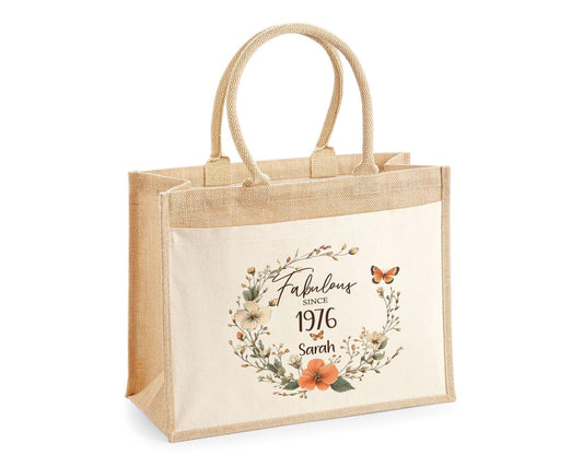50th Birthday Gift For Women Personalised Jute Bag - Gift For Her Floral Tote Bag Gifts - Fifty 50 Fabulous Since 1976 Shopping Bag BNL50T