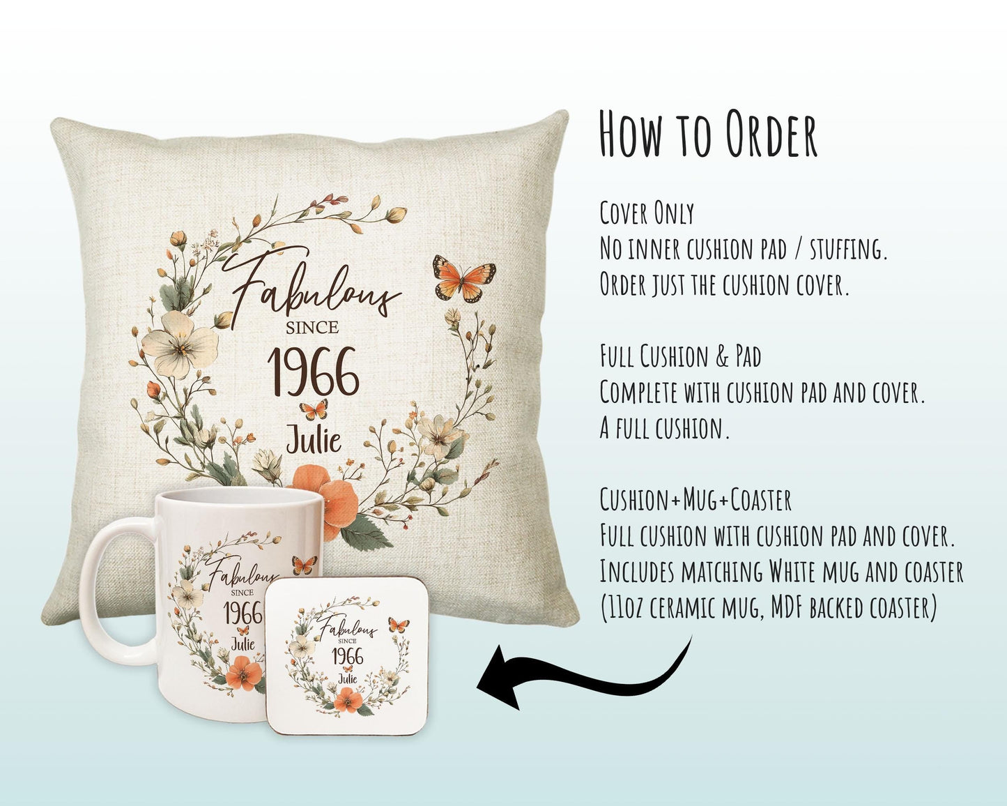 60th Birthday Gift for Women - Personalised 1966 Birthday Cushion Age 60 Gift for Her - Ladies Floral Age Design Mum Nan Gran Sixty BNL60C