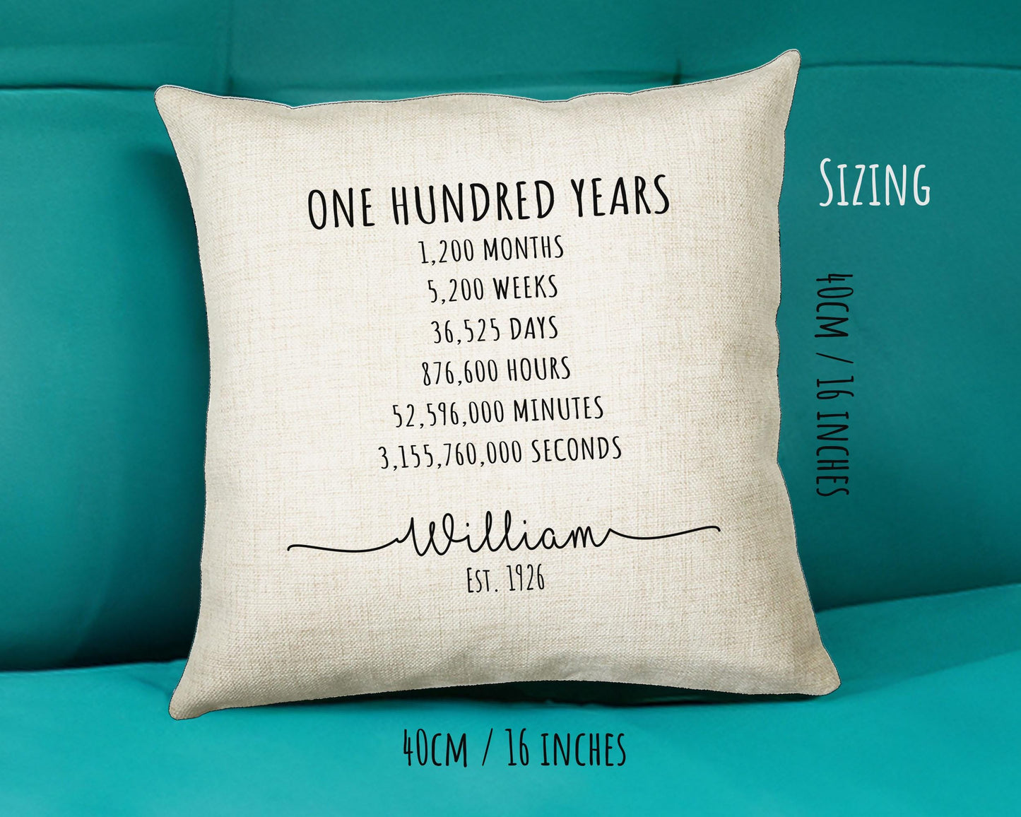 100th Birthday Gift for Men - Personalised Birthday Cushion Age 100 Gift for Him Mens Years Months Weeks Design Dad Grandad Hundred BNE100C