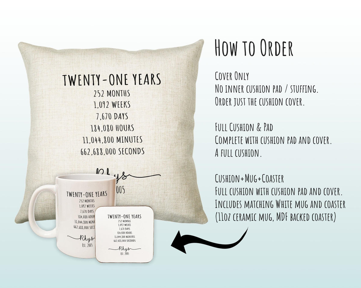21st Birthday Gift for Men - Personalised Birthday Cushion Age 21 Gift for Him Mens Years Months Weeks Design Son Brother Twenty One BNE21C