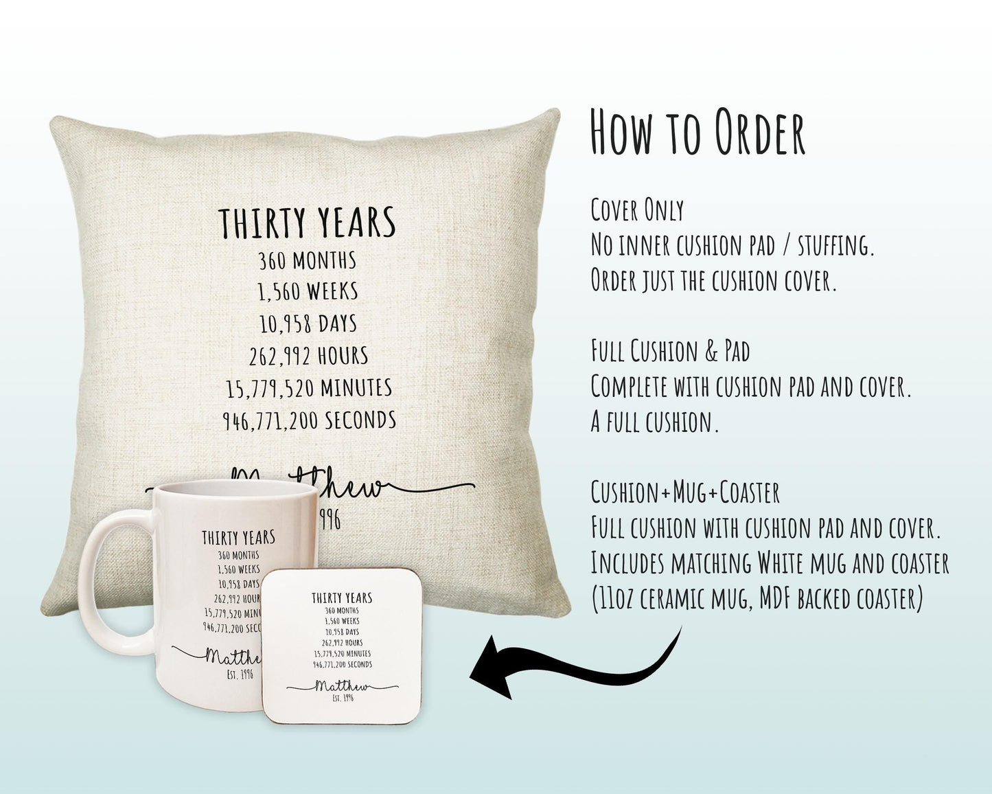 30th Birthday Gift for Men - Personalised Birthday Cushion Age 30 Gift for Him Mens Years Months Weeks Design Son Brother Thirty BNE30C