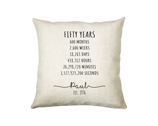 50th Birthday Gift for Men - Personalised Birthday Cushion Age 50 Gift for Him Mens Years Months Weeks Design Son Brother Fifty 1976 BNE50C