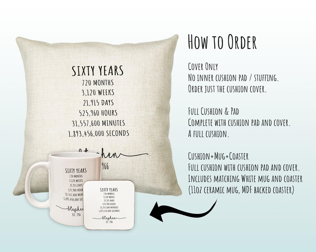 60th Birthday Gift for Men - Personalised Birthday Cushion Age 60 Gift for Him Mens Years Months Weeks Design Son Brother Sixty BNE60C