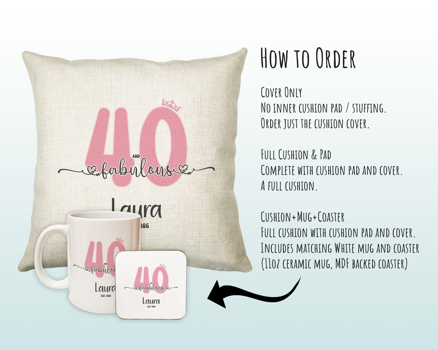40th Birthday Gift for Women 40 and Fabulous Est 1986 Personalised Birthday Cushion Gift for Her Ladies Pink Design Mum Nanny Forty BNH40C