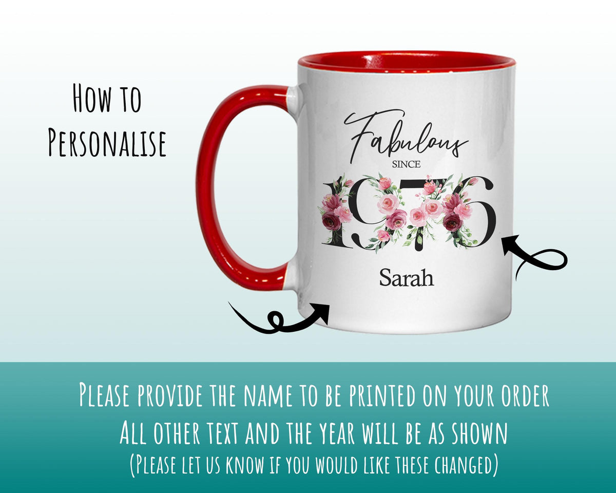 50th Birthday Gift for Women - Fabulous Since 1976 Personalised Coffee Mug Coaster Age 50 Gift for Her - Ladies Floral Design Mum BNC50M