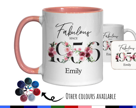 70th Birthday Gift for Women - Fabulous Since 1956 Personalised Coffee Mug Coaster Age 70 Gift for Her - Ladies Floral Design Mum Nan BNC70M