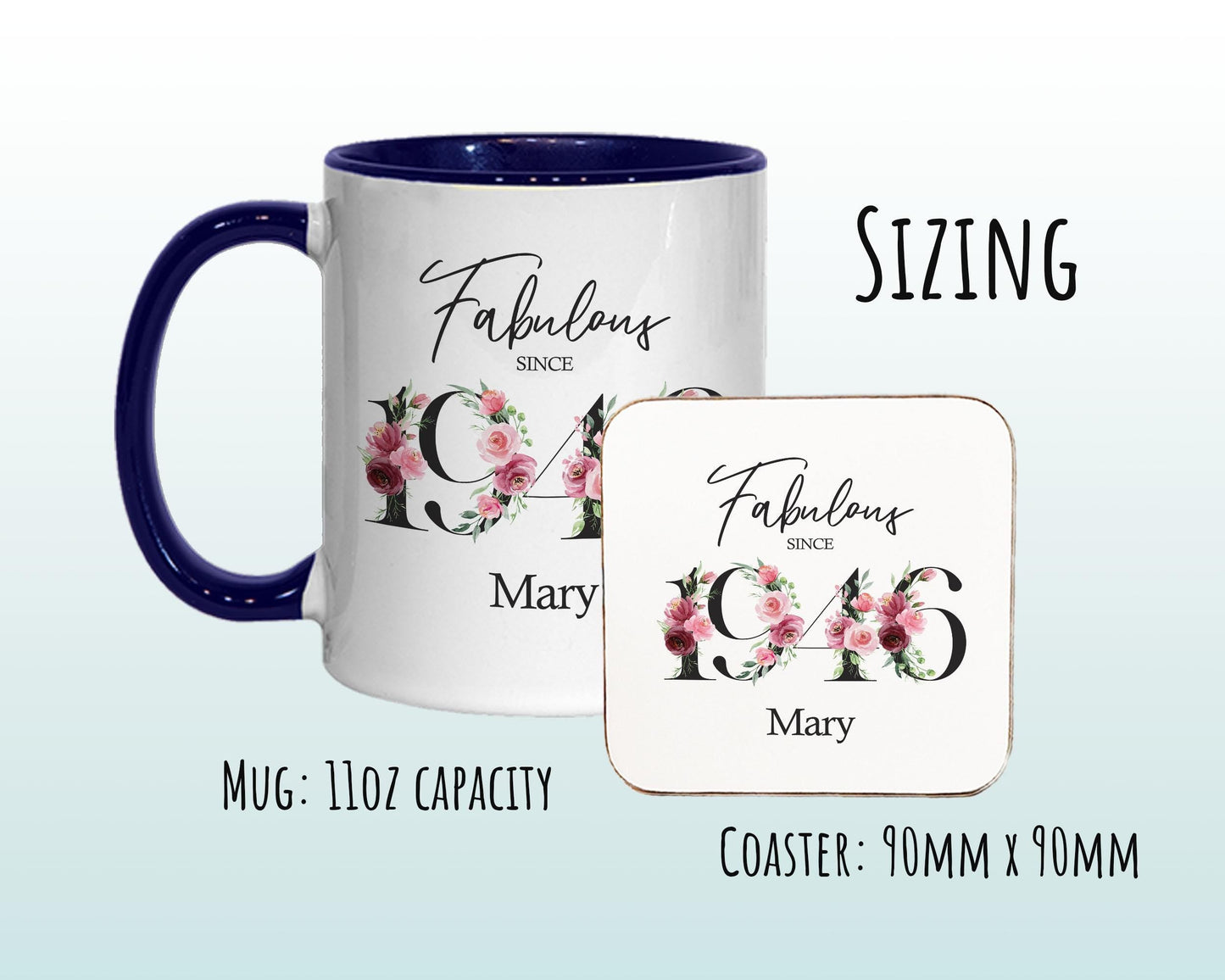 80th Birthday Gift for Women - Fabulous Since 1946 Personalised Coffee Mug Coaster 80 Gift for Her - Ladies Floral Design Nan Gran BNC80M