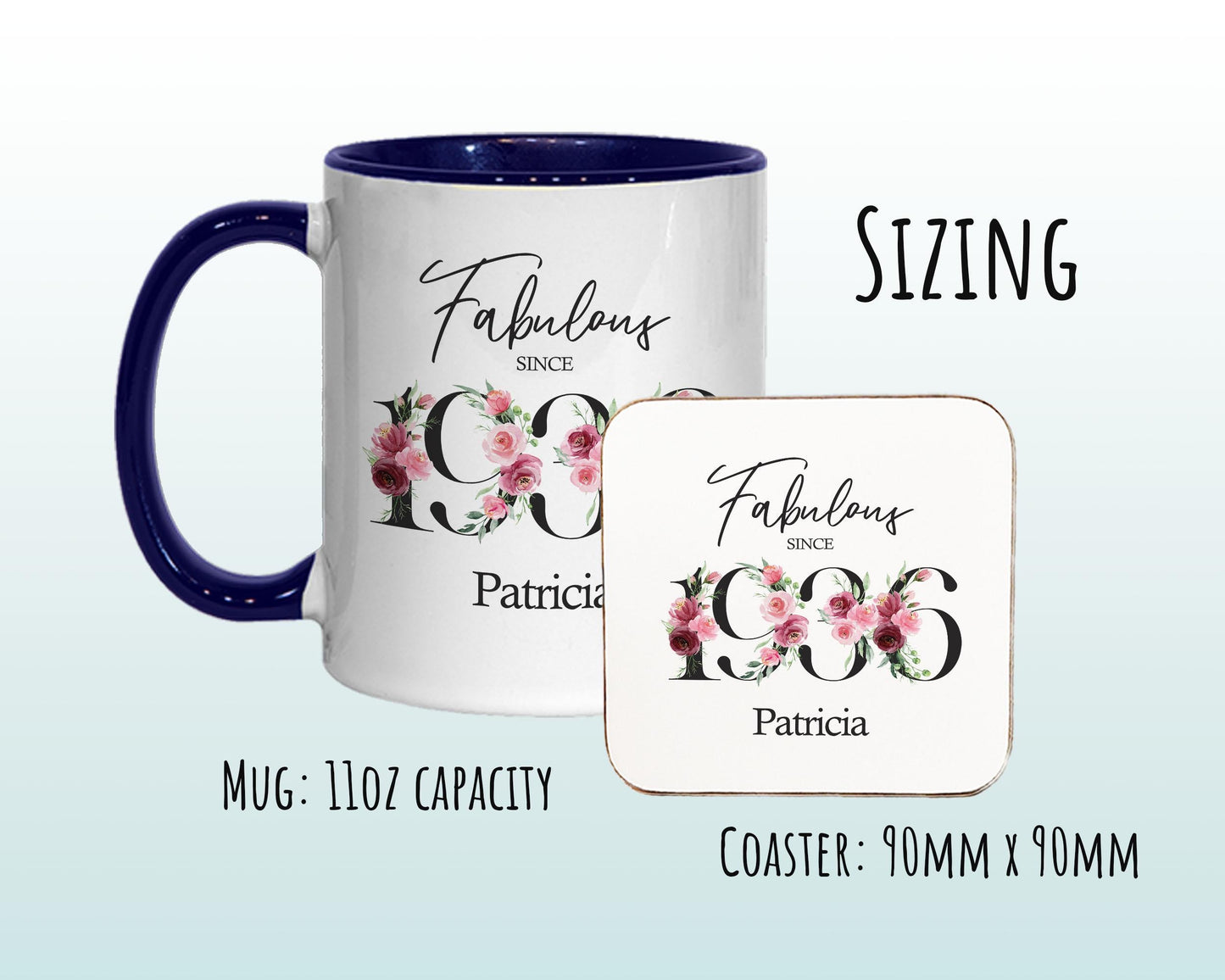 90th Birthday Gift for Women - Fabulous Since 1936 Personalised Coffee Mug Coaster 90 Gift for Her - Ladies Floral Design Nan Gran BNC90M