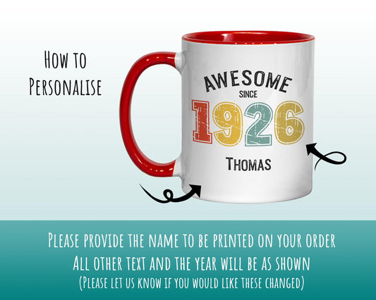 100th Birthday Gift for Men - Awesome Since 1926 Personalised Coffee Mug Coaster Age 100 Gift for Him - Retro Number Design Grandad BNG100M