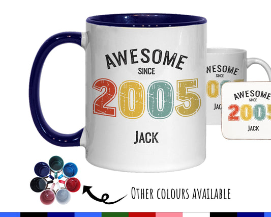 21st Birthday Gift for Men - Awesome Since 2005 Personalised Coffee Mug Coaster Age 21 Gift for Him - Retro Number Design Soy Brother BNG21M