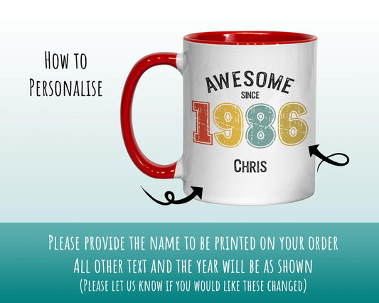 40th Birthday Gift for Men - Awesome Since 1986 Personalised Coffee Mug Coaster Age 40 Gift for Him - Retro Number Design Dad Son BNG40M