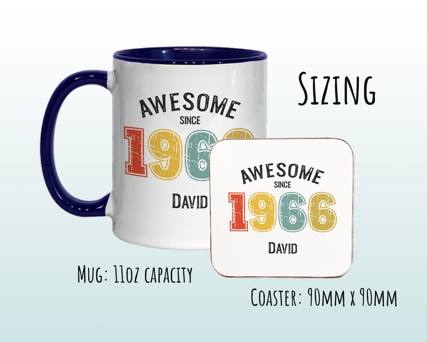 60th Birthday Gift for Men - Awesome Since 1966 Personalised Coffee Mug Coaster Age 60 Gift for Him - Retro Number Design Dad Grandad BNG60M
