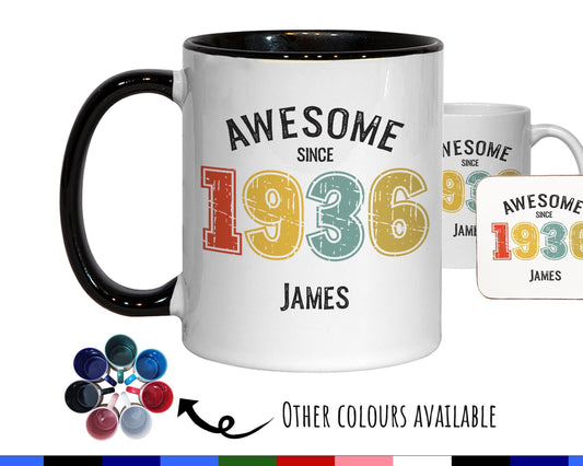 90th Birthday Gift for Men - Awesome Since 1936 Personalised Coffee Mug Coaster Age 90 Gift for Him - Retro Number Design Grandad Dad BNG90M